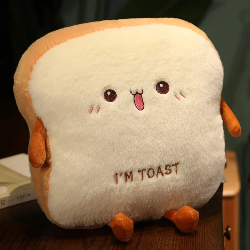 Plush kawaii toy shaped like a piece of toast with a face and 'I'm Toast' text on a wooden surface.
