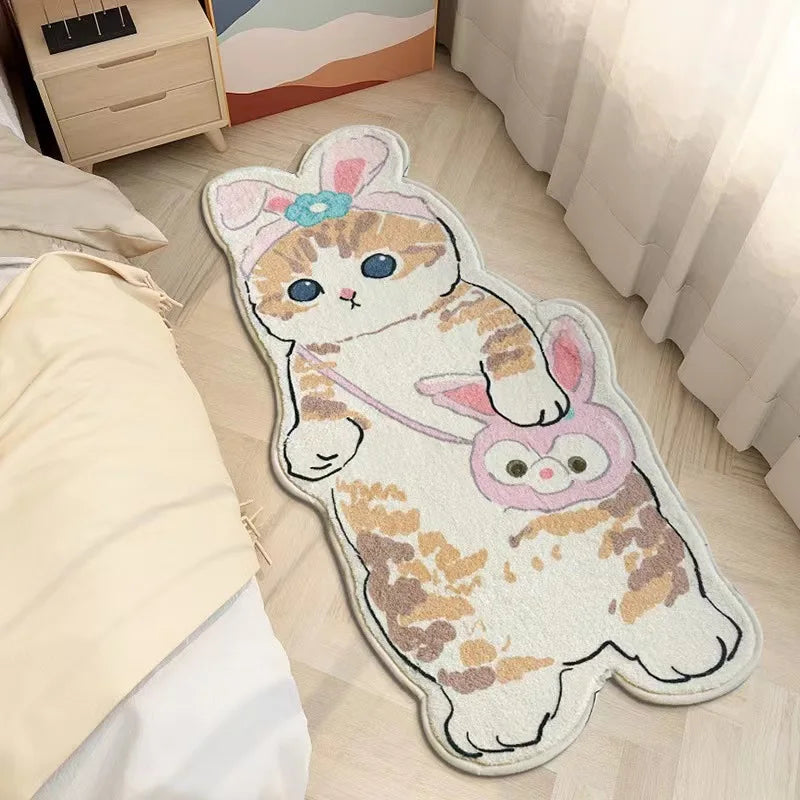 Cartoon kawaii cat and rabbit rug on a wooden floor