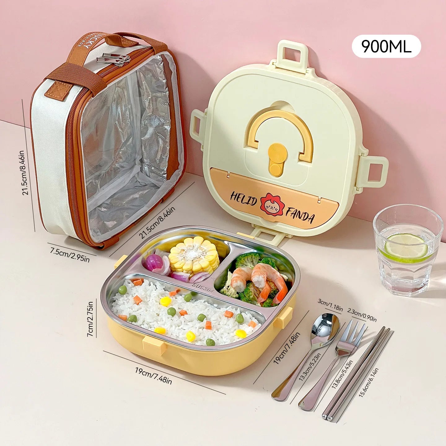 Kawaii lunch box with compartments, utensils, and a glass of water on a pink background