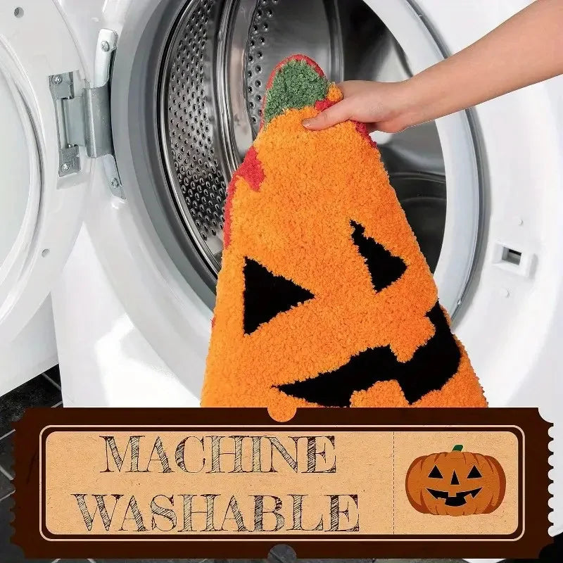 Halloween-themed towel with Kawaii pumpkin design being taken out of a washing machine, with 'Machine Washable' label below.