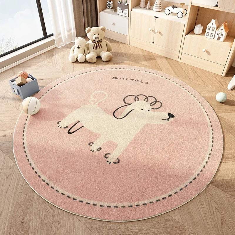 Round pink kawaii rug with a dog design on a wooden floor in a room with toys and furniture.