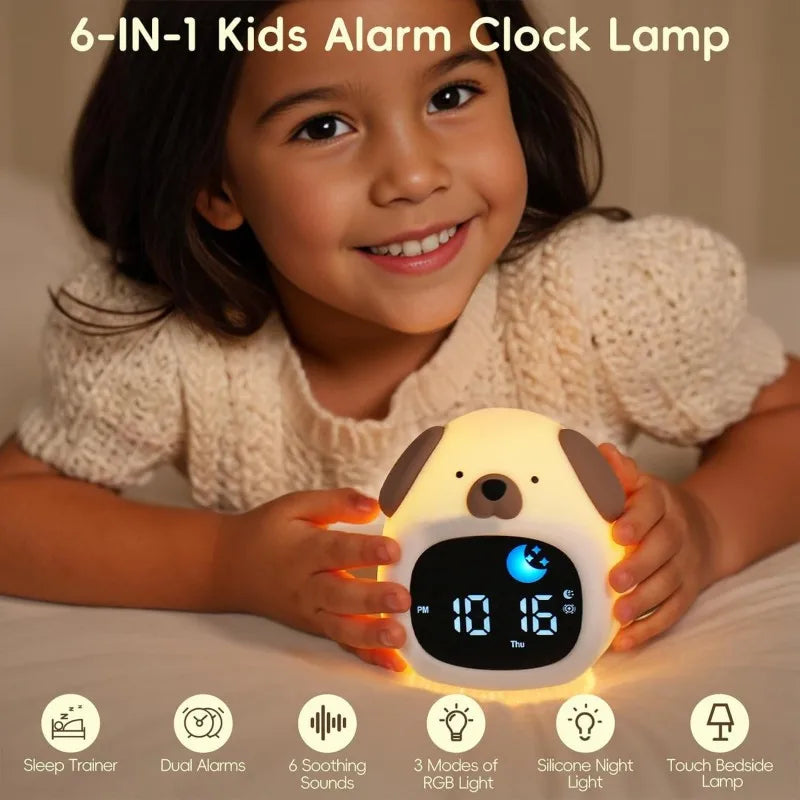 Child holding a 6-IN-1 Kids Alarm Clock Lamp with digital display and dog Kawaii design.