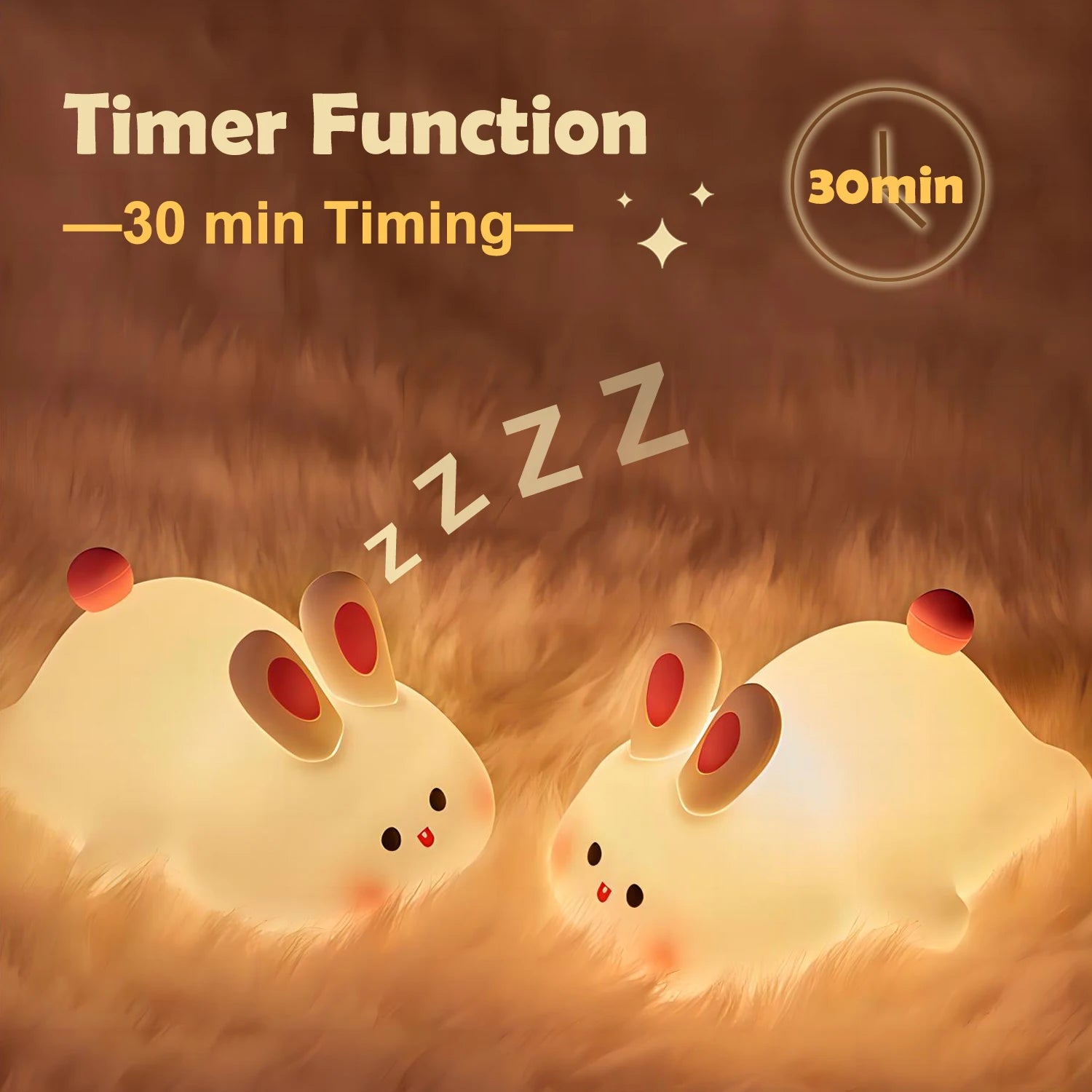 Two kawaii mouse-shaped lamps with a '30 min Timing' label on a brown background.