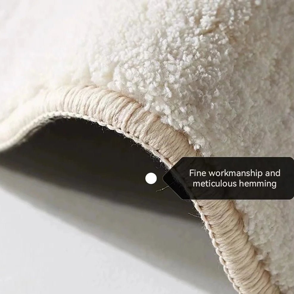Close-up of a kawaii-style rug with textured fabric edge with a label indicating 'Fine workmanship and meticulous hemming'.