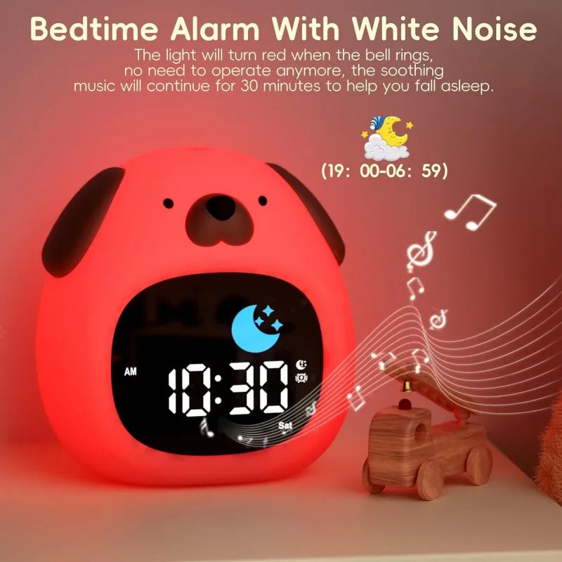 Red Kawaii dog alarm clock with white noise feature on a pink background