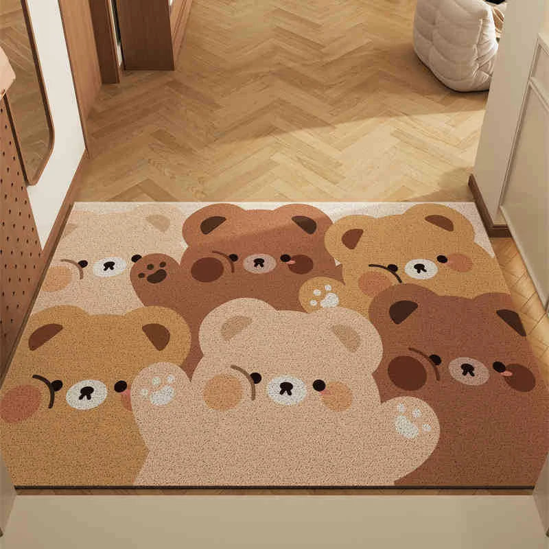 Doormat with Kawaii teddy bear design on a wooden floor