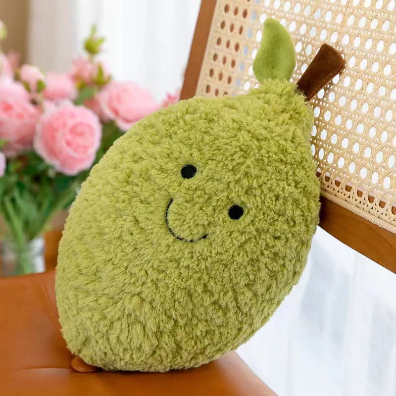 Plush kawaii pear-shaped pillow with a smiley face on a chair with flowers in the background