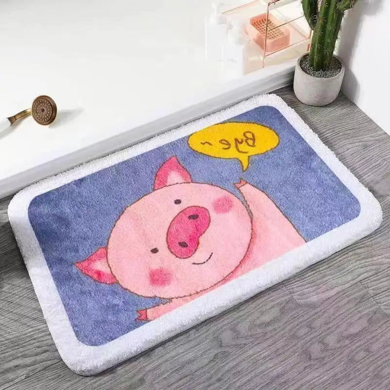 Cartoon Kawaii pig rug with a speech bubble on a wooden floor