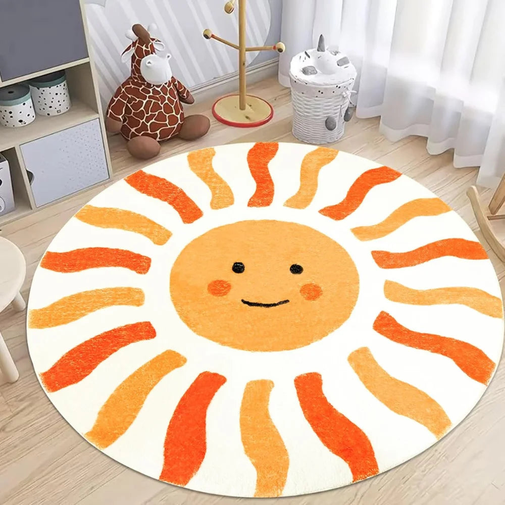 Round sun-shaped kawaii rug with a smiling face on a wooden floor.
