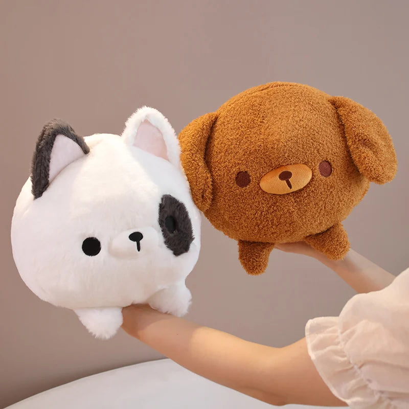 White cat kawaii plush toy and brown dog plush toy held by a person against a neutral background