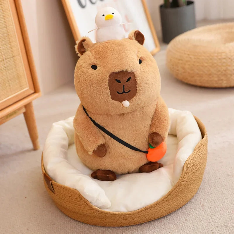 Plush kawaii toy resembling a beaver on a pet bed in a room setting