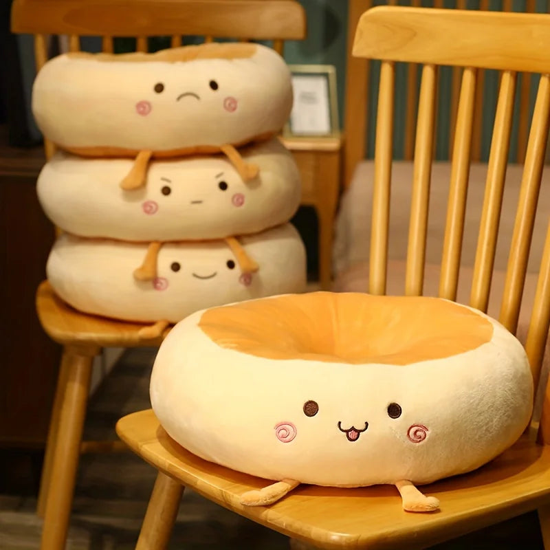 Stack of cute kawaii plush donut-shaped cushions on a wooden chair.