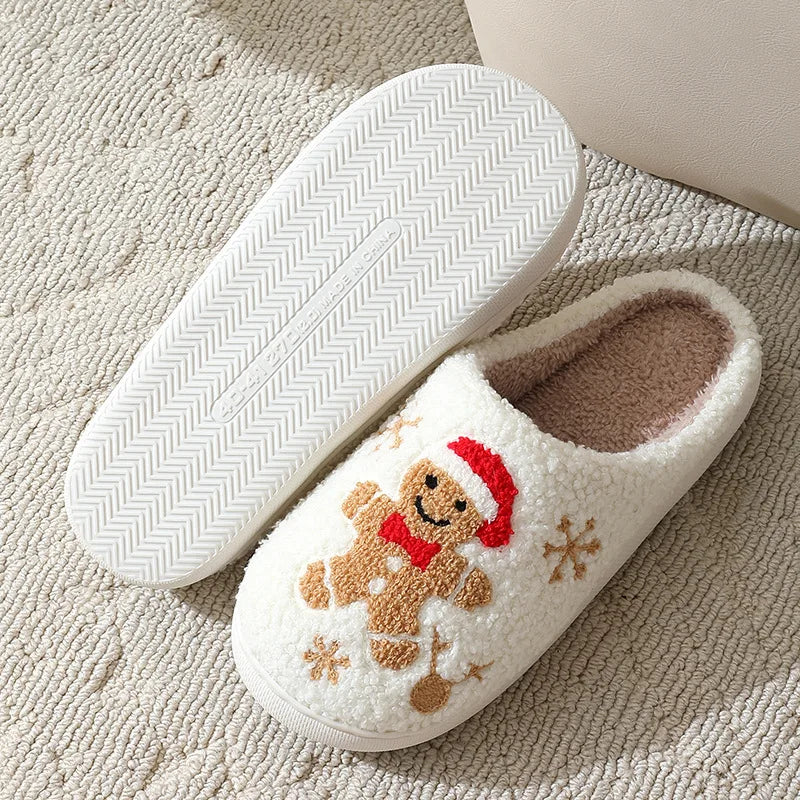 White slipper with kawaii gingerbread man design on a textured surface