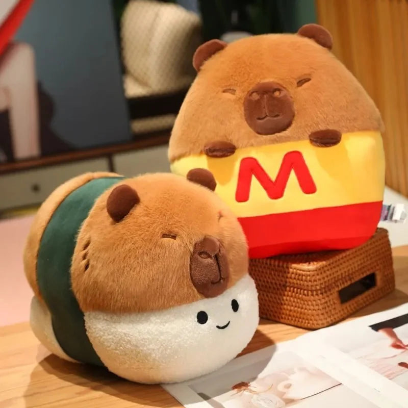 Two kawaii plush toys resembling bear and sushi rolls on a table.