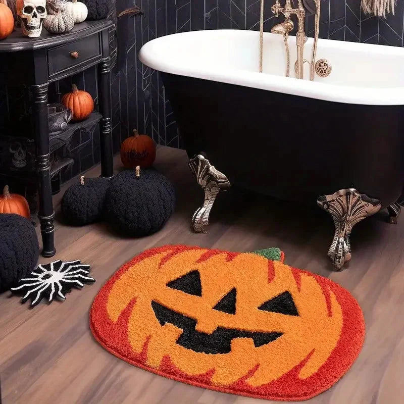Halloween-themed bathroom with a Kawaii pumpkin rug, bathtub, and decorative pumpkins.