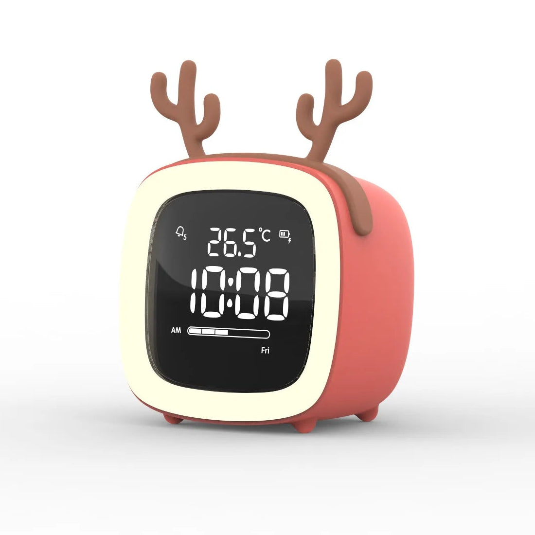 Kawaii digital clock with reindeer antlers on a white background
