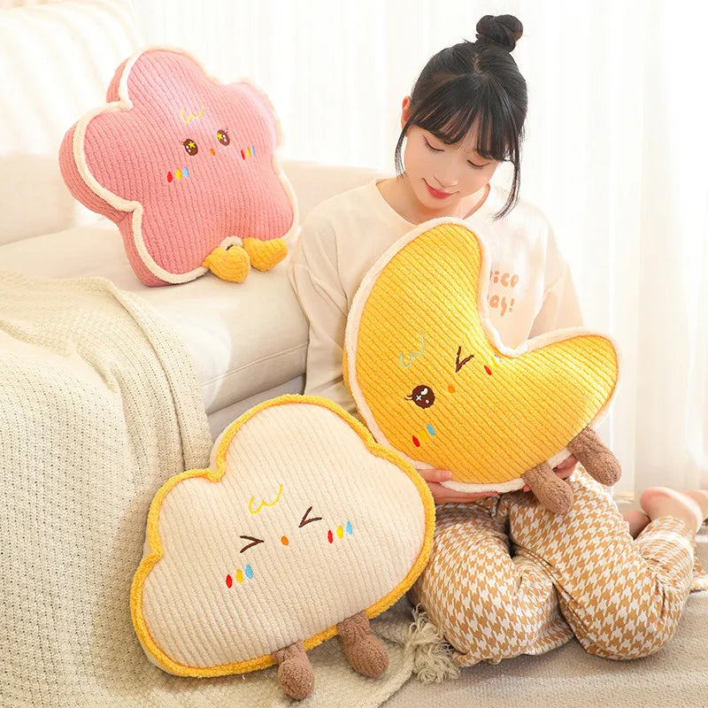 Woman holding cloud-shaped plush kawaii toys on a couch