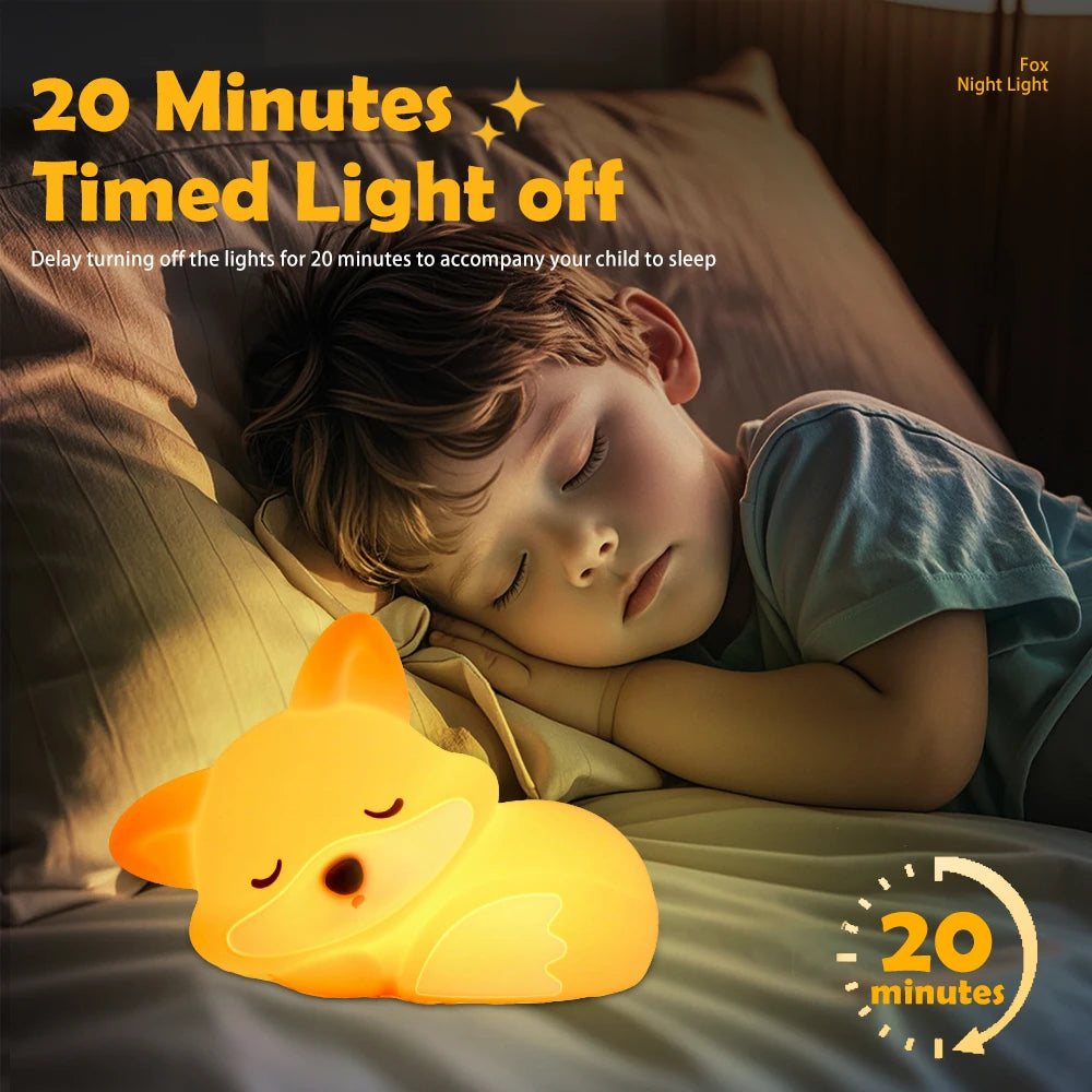 Child sleeping with a kawaii fox-shaped night light on a bed, featuring text about timed light-off feature.