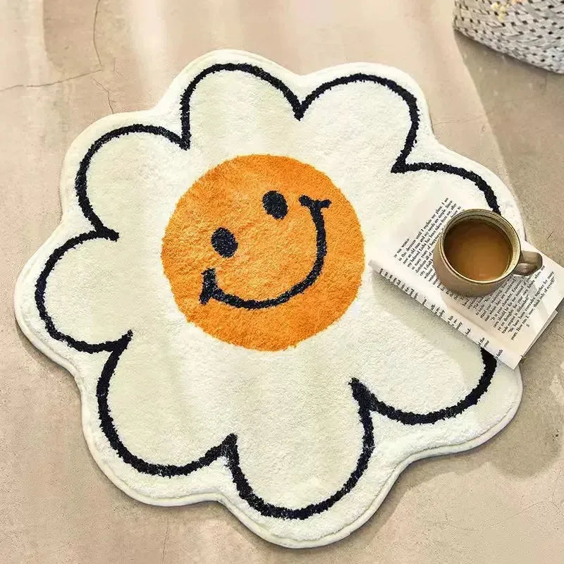 Flower-shaped kawaii rug with a smiley face design on a beige surface