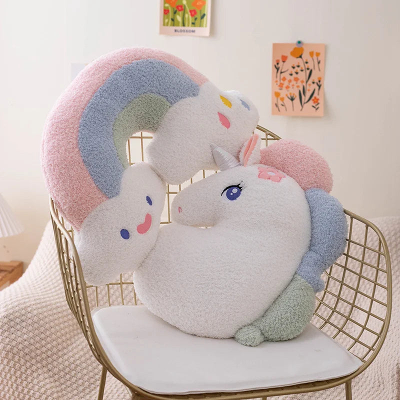 Kawaii plush toy shaped like a cartoon character with rainbow colors on a chair.