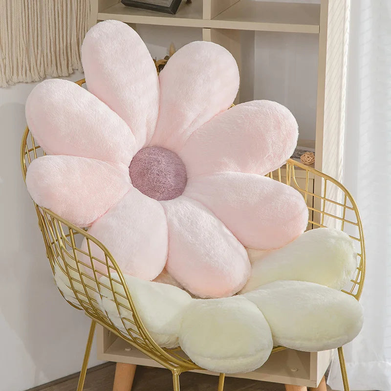 Kawaii flower-shaped cushion on a gold chair in a room setting