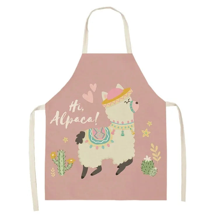 Pink apron with a cartoon alpaca Kawaii design and 'Hi, Alpaca!' text on a white background