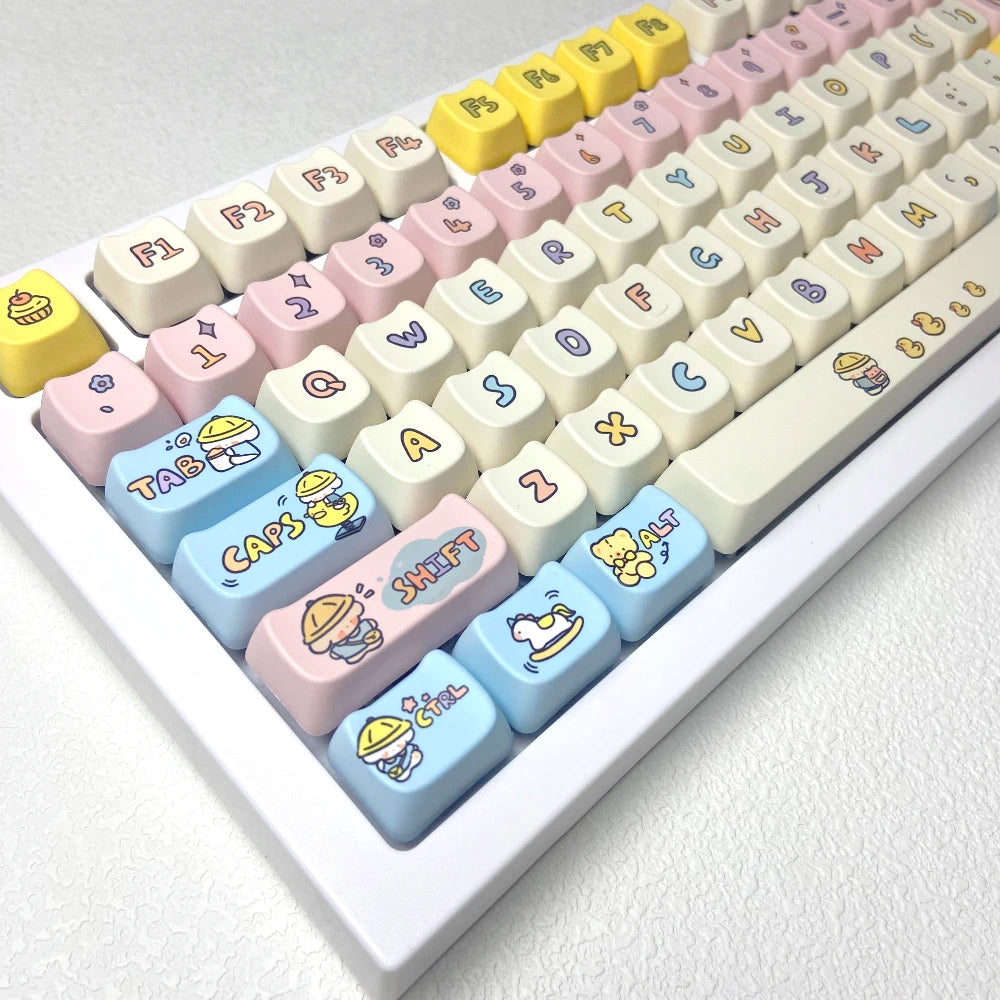 Keyboard with Kawaii colorful, cartoon-style keycaps on a light background