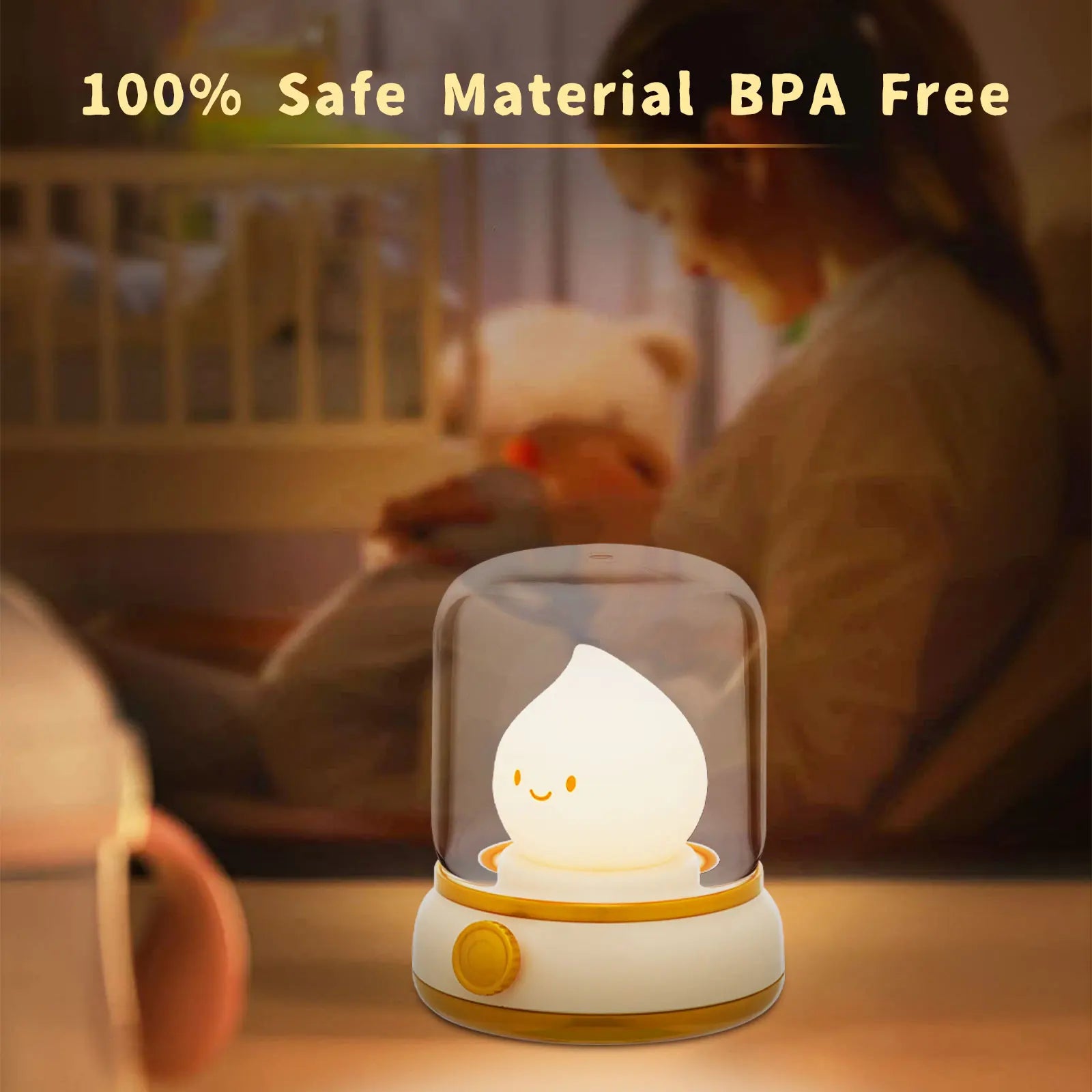 Children's kawaii night light with a child reading a book in the background, emphasizing safety and BPA-free material.