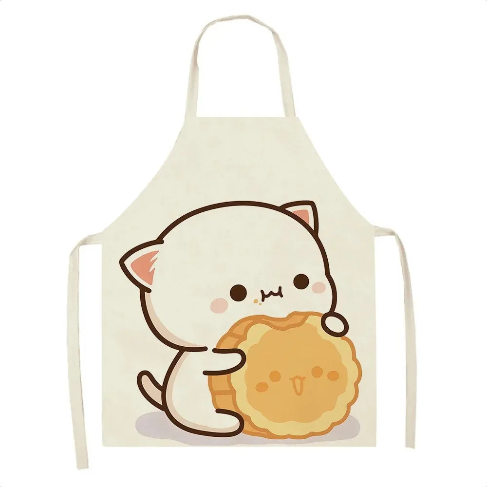 Apron with a Kawaii cat and mooncake design on a white background