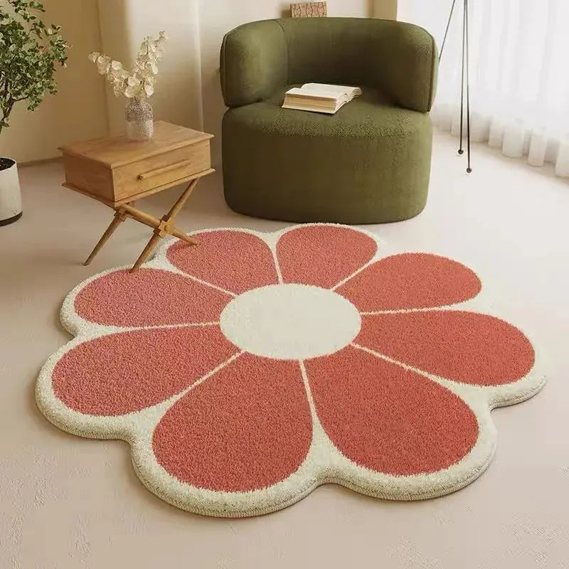 Floral-shaped kawaii rug in a room with a green chair and wooden side table.