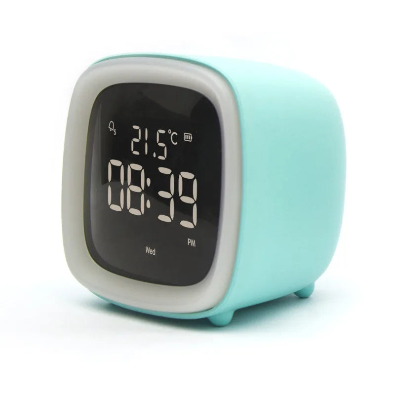 Kawaii digital clock with temperature display on a white background