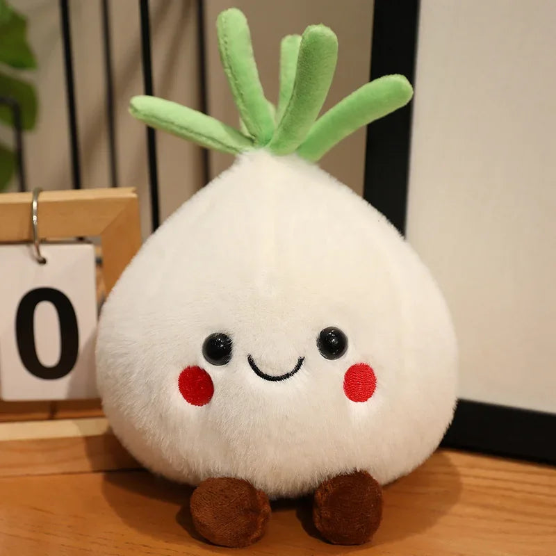 Kawaii plush toy shaped like a white radish with a green top on a wooden surface.