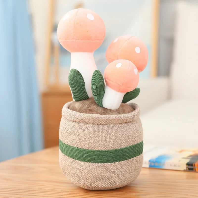 Decorative plush kawaii toy with mushroom-shaped lights in a woven pot on a wooden surface.