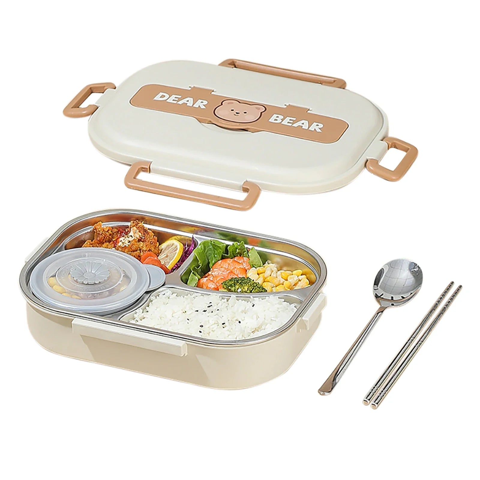 Beige kawaii bento box with food compartments, a spoon, and chopsticks on a white background