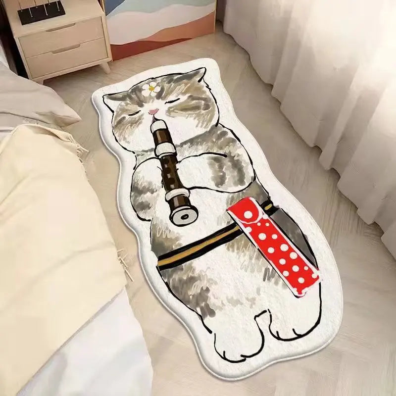 Kawaii cat-shaped rug with a design on a bed