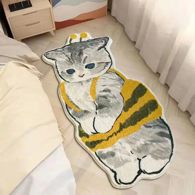 Kawaii cat-shaped rug on a bed with a neutral background