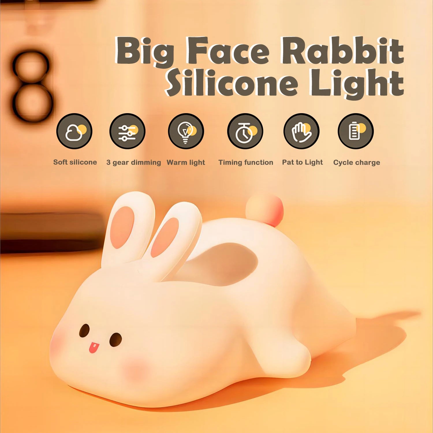 Silicone kawaii rabbit light with features listed on an orange background