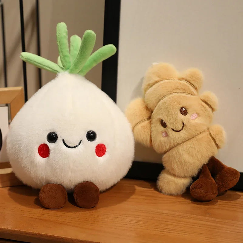 Kawaii plush toy resembling a white radish with a green top and a plush bear toy on a wooden surface.