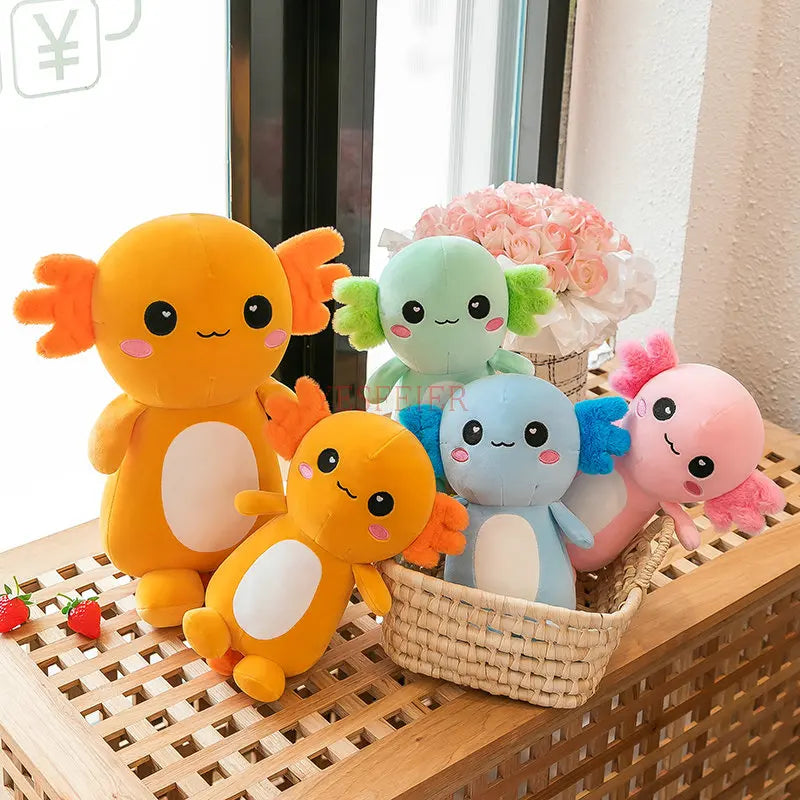 Set of colorful kawaii plush toys on a wooden surface with flowers in the background