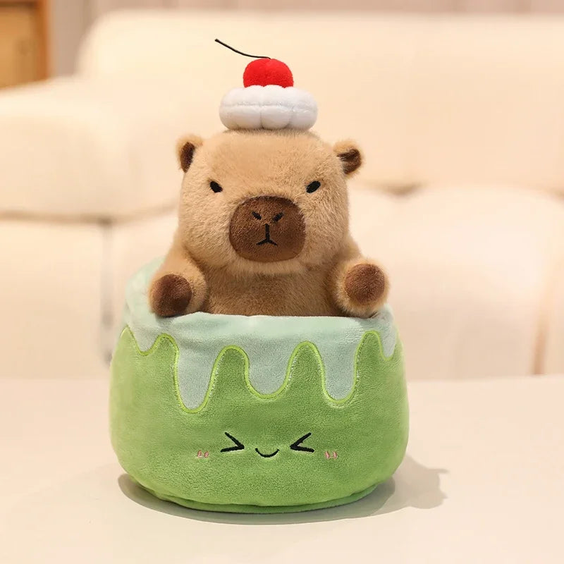 Kawaii plush toy shaped like a bear in a cake, sitting on a light surface.