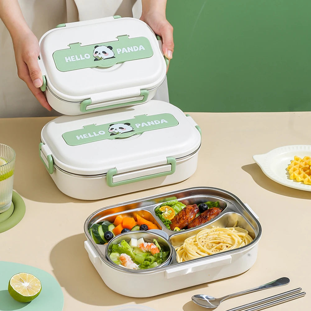 Two kawaii 'Hello Panda' lunch boxes with food compartments on a table.