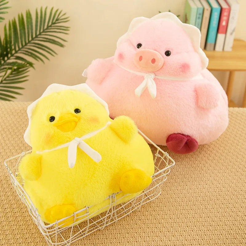 Kawaii plush toys, a yellow duck and a pink pig, in a wire basket on a textured surface with a plant and books in the background.