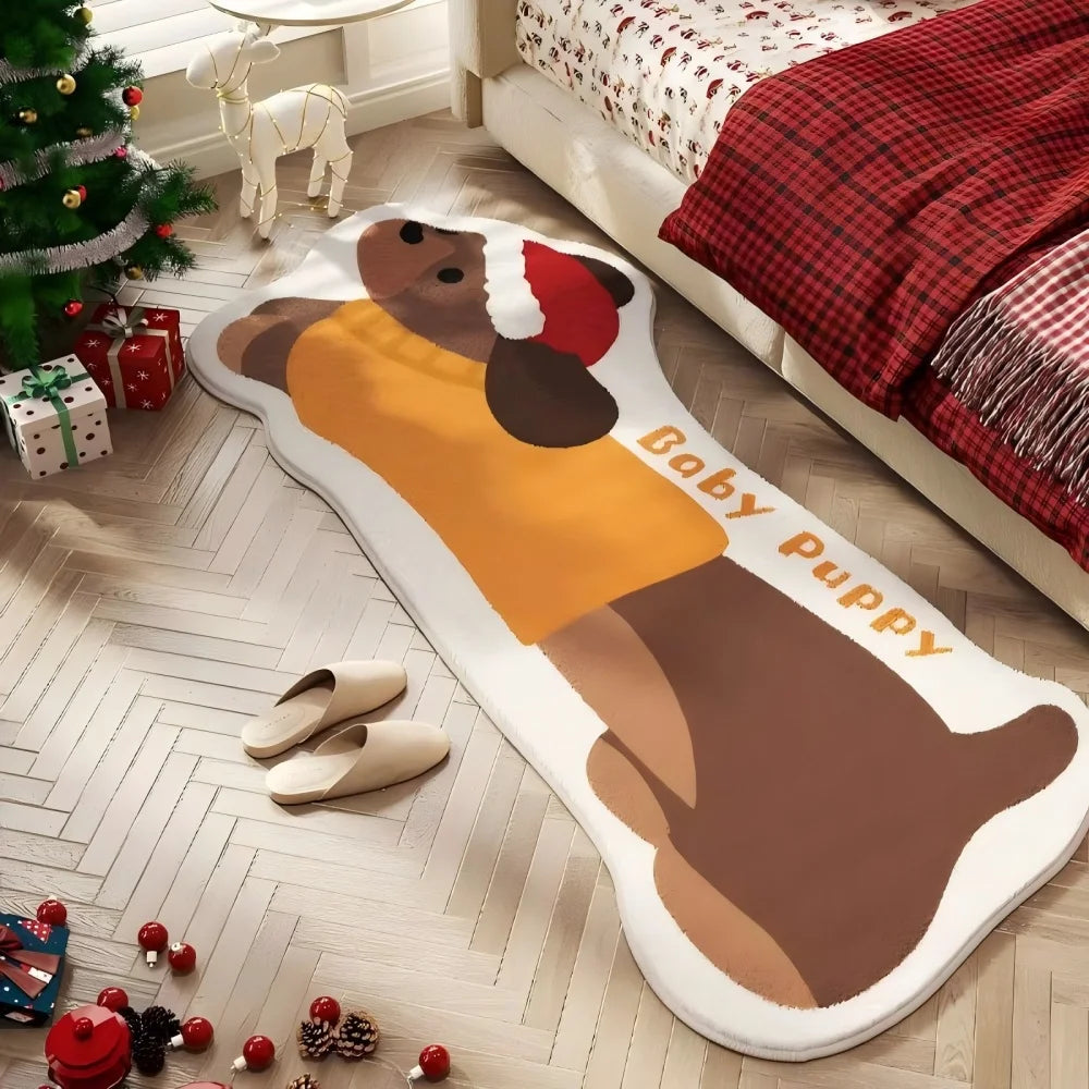 Baby puppy-shaped kawaii rug on a wooden floor with Christmas decorations around.