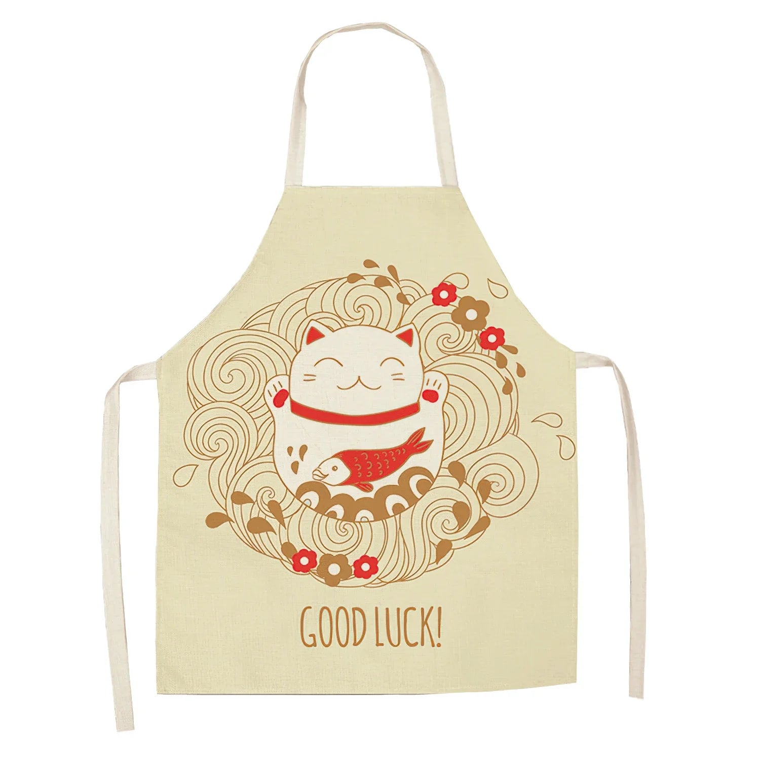 Beige apron with a Kawaii cartoon cat illustration and 'Good Luck!' text on a white background