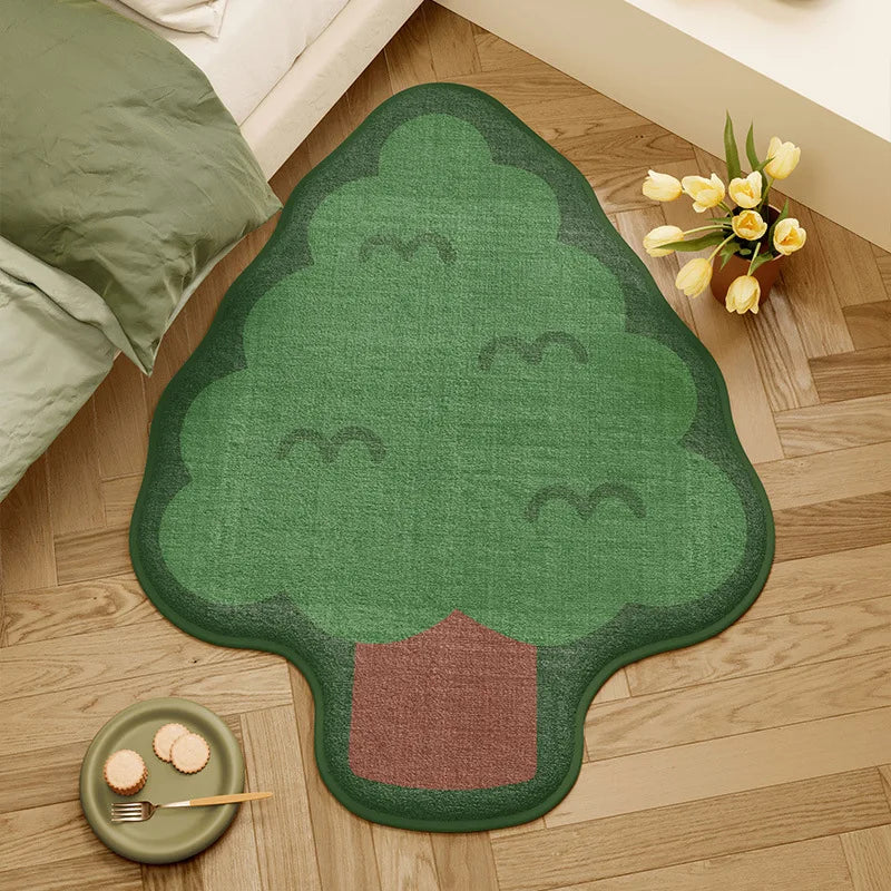 Tree-shaped green kawaii rug on a wooden floor with a plate of cookies and a vase of flowers.