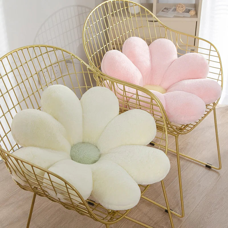 Two flower-shaped Kawaii cushions on gold wire chairs in a room setting.