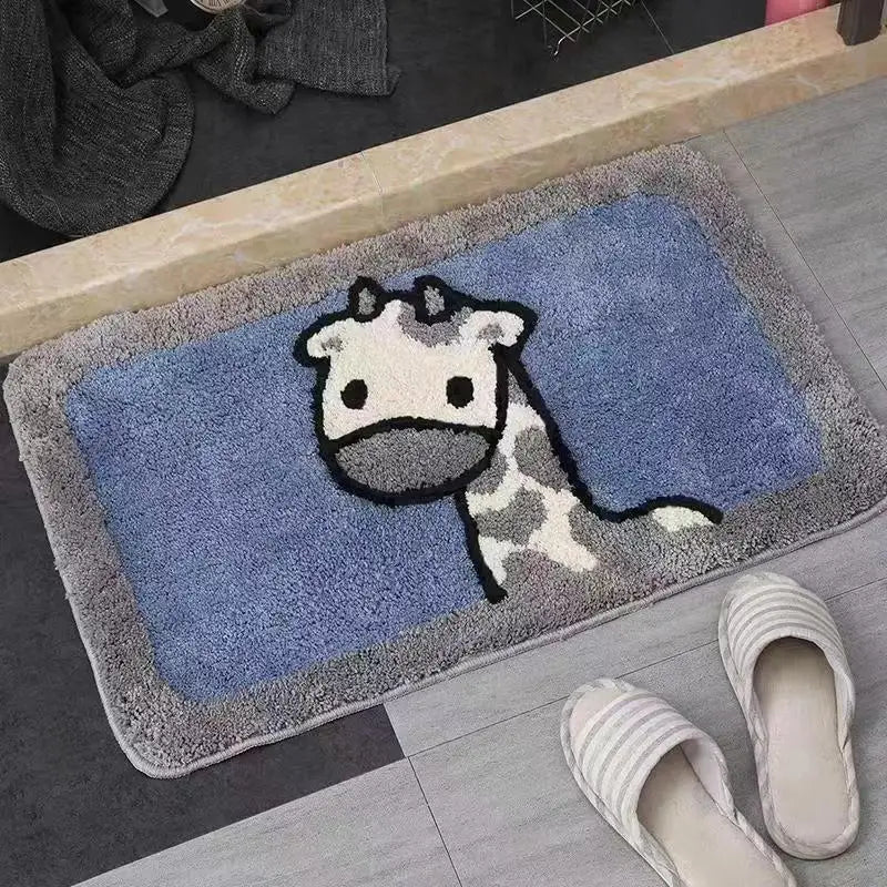 Doormat with a Kawaii giraffe design on a floor next to slippers