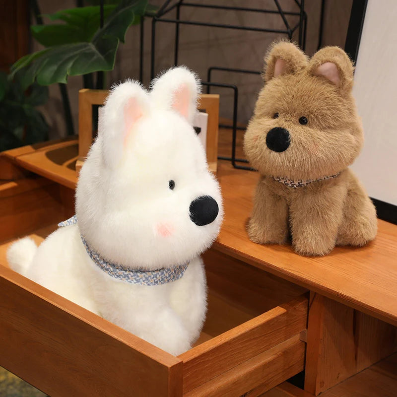 Two kawaii plush toys, a white dog and a brown bear, sitting on a wooden surface.