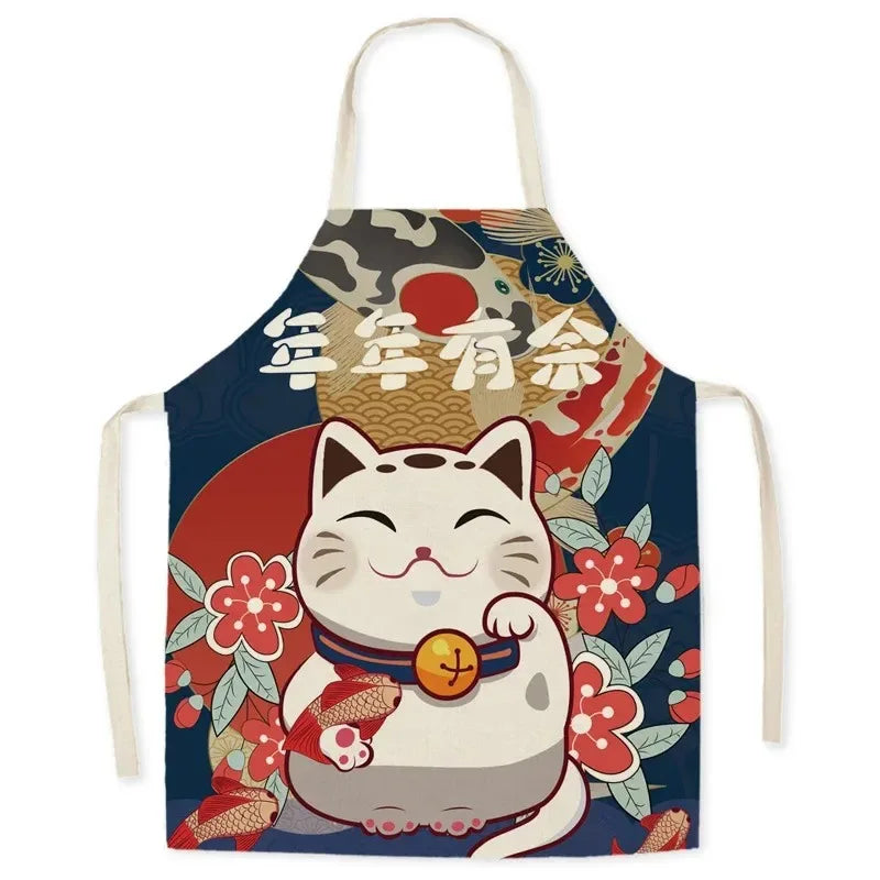 Apron with a Kawaii cartoon cat design and Japanese text on a blue background