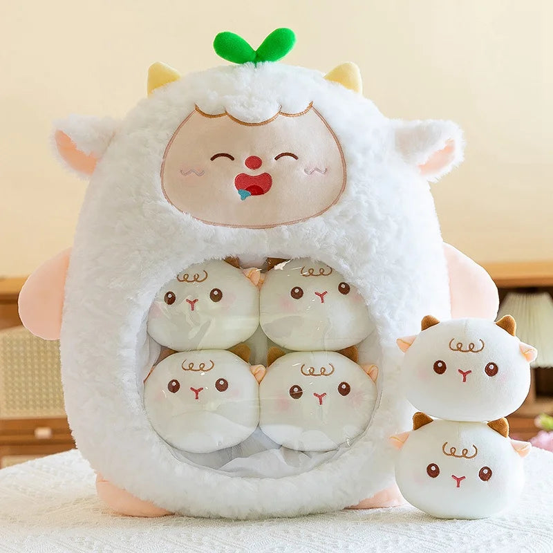 Kawaii plush toy shaped like a llama with baby llamas on a light background